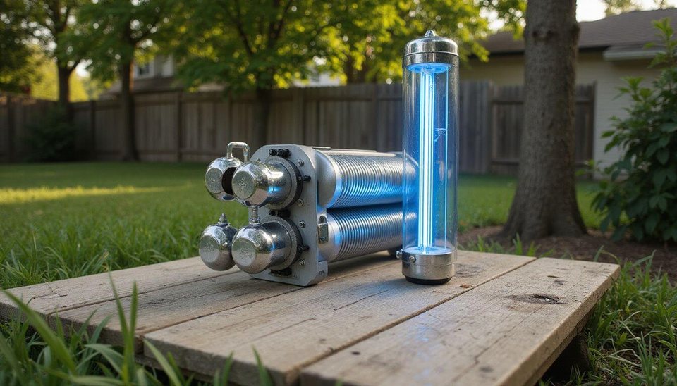 A home-built water generator setup with a UV filtration stage in a backyard